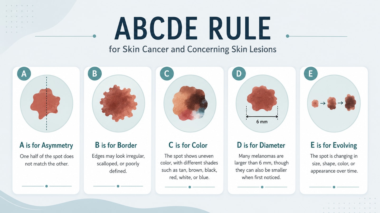 ABCDE rule chart for skin cancer and concerning skin lesions, showing asymmetry, border, colour, diameter and evolving