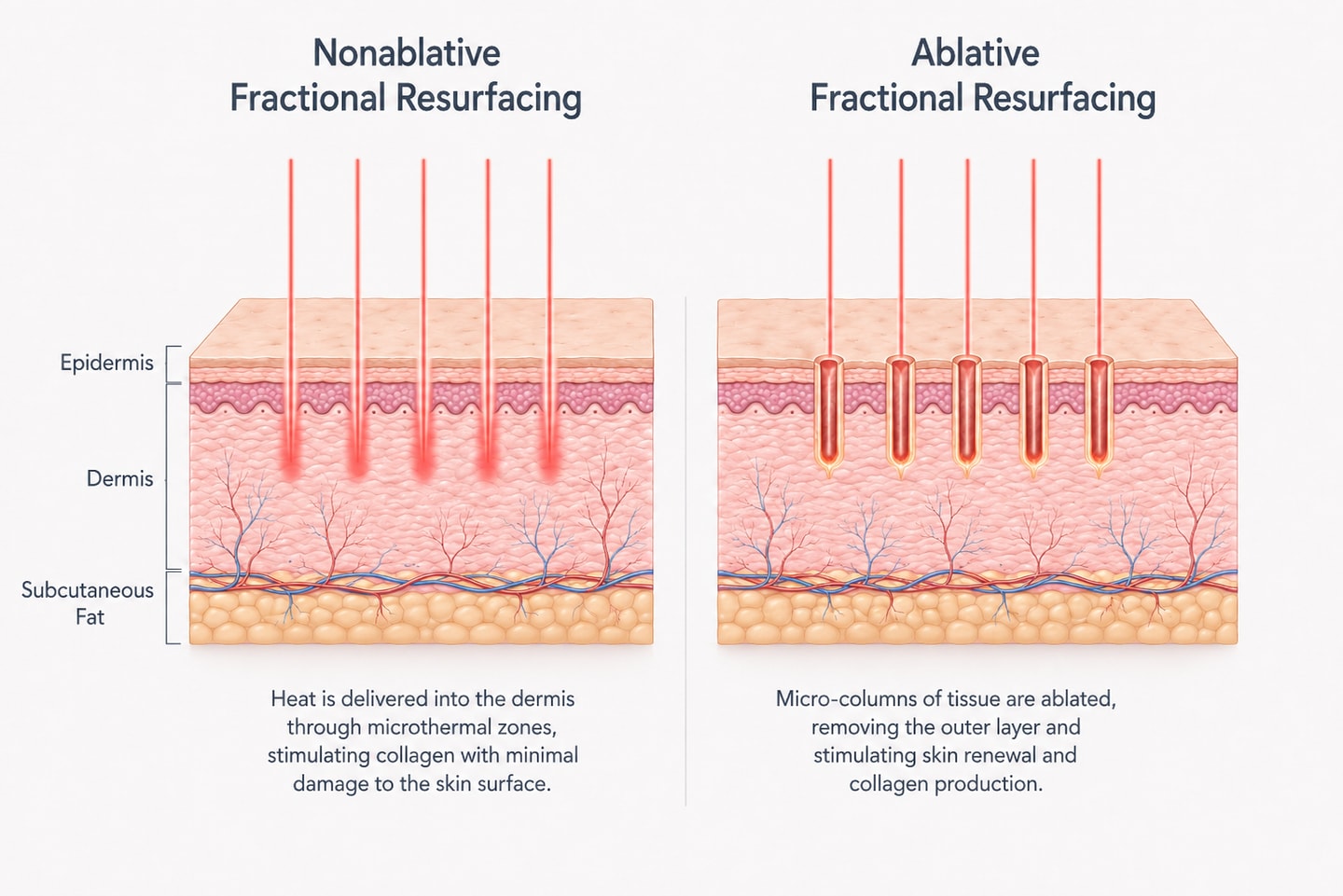 Cross-section comparison of nonablative fractional resurfacing heating the dermis versus ablative fractional resurfacing removing micro-columns of tissue
