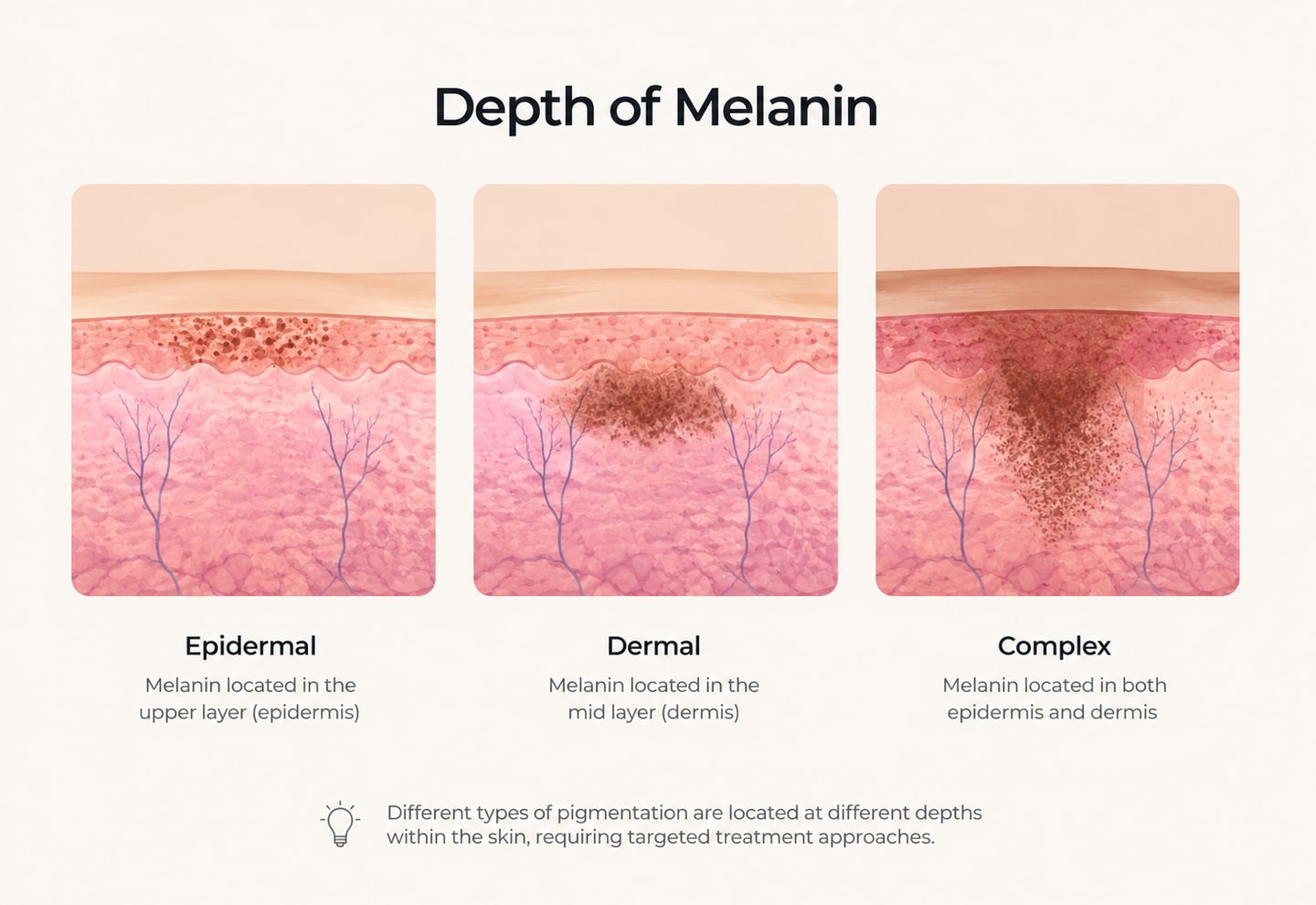 Diagram showing epidermal, dermal and complex melanin depth within the skin layers