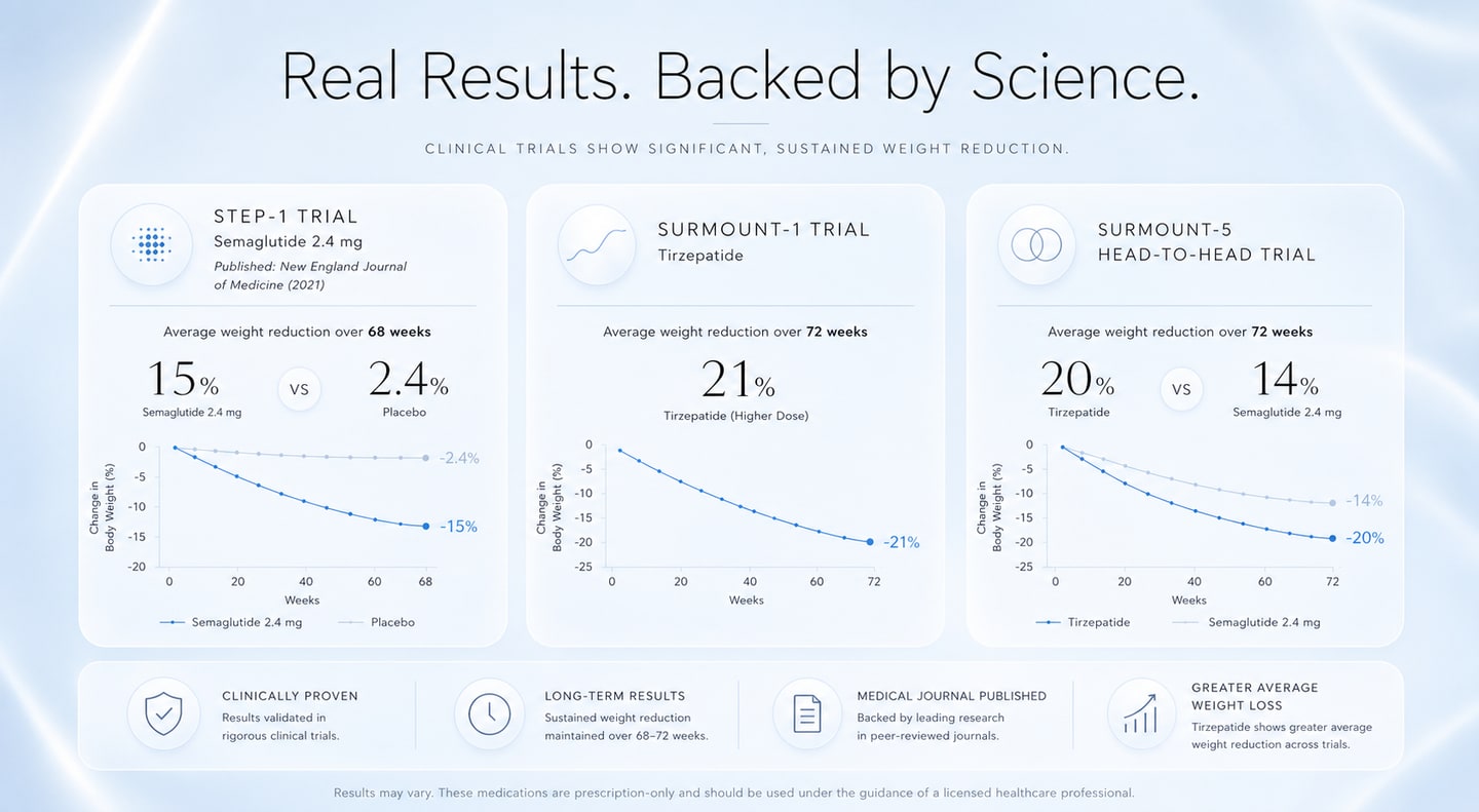 Charts summarising the STEP-1, SURMOUNT-1 and SURMOUNT-5 trials, showing average weight reduction over 68 to 72 weeks