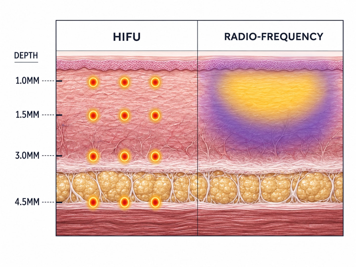 Cross-section comparing HIFU focused energy points at 1.0mm to 4.5mm depths against radiofrequency volumetric heating of the dermis