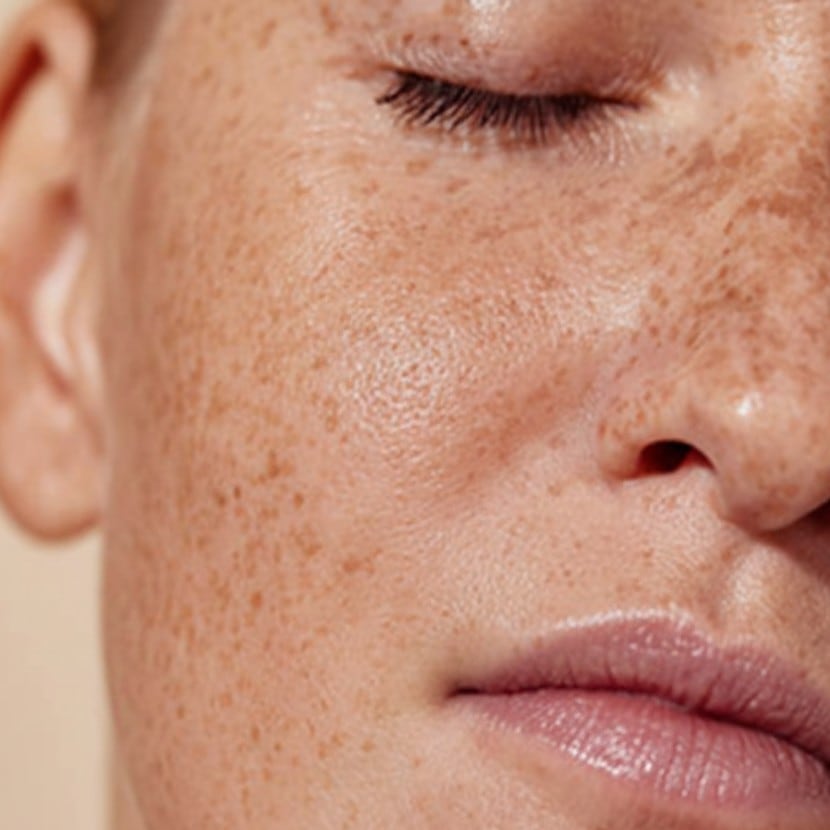 Close-up of freckles across a cheek and nose